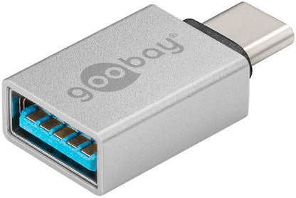USB-C til USB-A OTG adapter, metalhus, USB-A port og USB-C stik, understøtter USB 3.0, nærbillede.