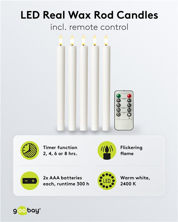 Goobay LED Stagelys 5-pak hvide vokslys med varm hvid (2400K) flamme, fjernbetjening, timer- og batterikoner.