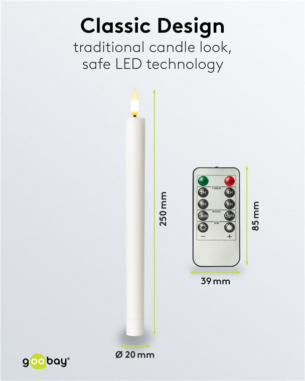 LED stagelys 5-pak, 250mm høj, 20mm diameter, varm hvid belysning, sort fjernbetjening 85x39mm.