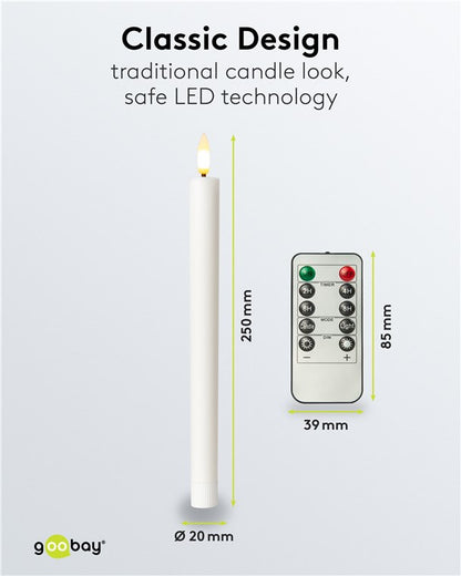 LED stagelys 5-pak, 250mm høj, 20mm diameter, varm hvid belysning, sort fjernbetjening 85x39mm.