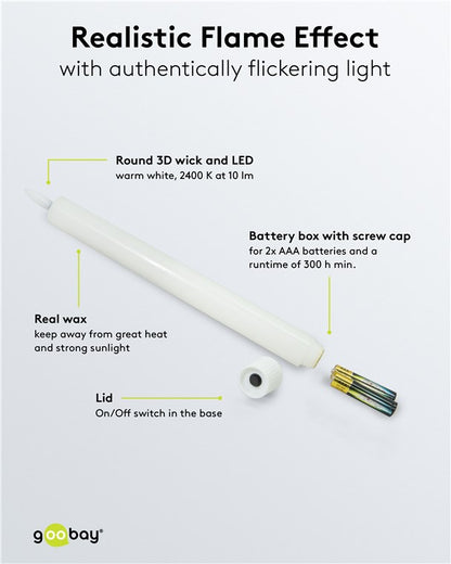 LED stagelys 5-pak, hvid voks, 3D flamme, aftageligt låg, til 2xAAA batterier, varm hvid lys, on/off-knap på basen.