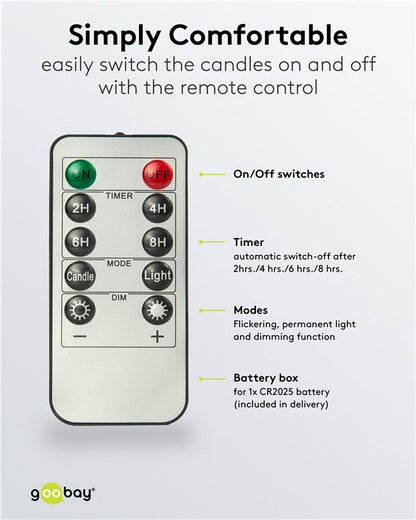 Goobay LED stagelys 5-pak med dæmpbar fjernbetjening, markerede knapper, timer 2-8h, forklarende og batteritekst.