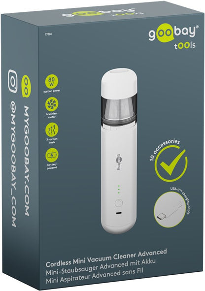 Goobay Ministøvsuger 80W hvid æske med justerbar sugestyrke, 10 tilbehør, USB-C opladning, SoMe-info.