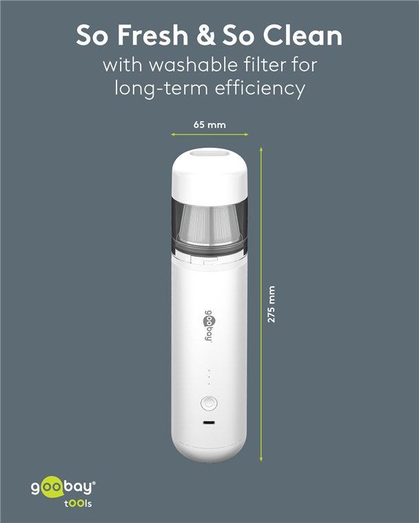 Goobay ministøvsuger 80W hvid trådløs, justerbar sugestyrke, vaskbart filter, 275 mm høj, 65 mm bred.