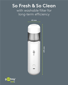 Goobay ministøvsuger 80W hvid trådløs, justerbar sugestyrke, vaskbart filter, 275 mm høj, 65 mm bred.