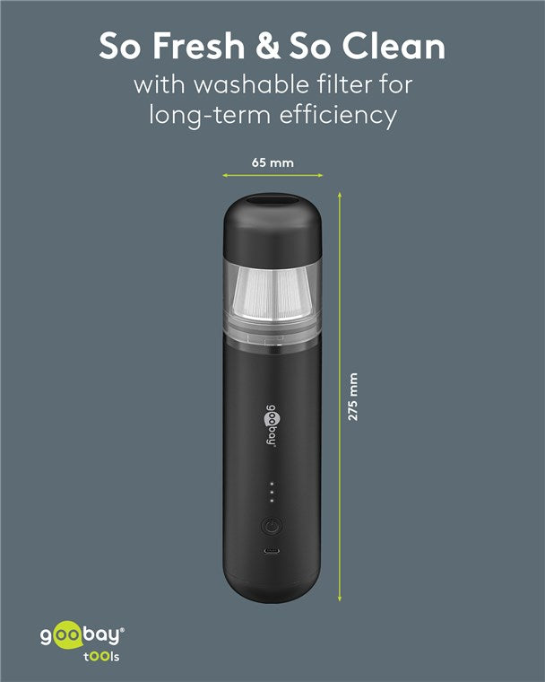 Goobay ministøvsuger 120W sort trådløs, cylinderformet med transparent sektion, vaskbart filter, ca. 275x65mm.