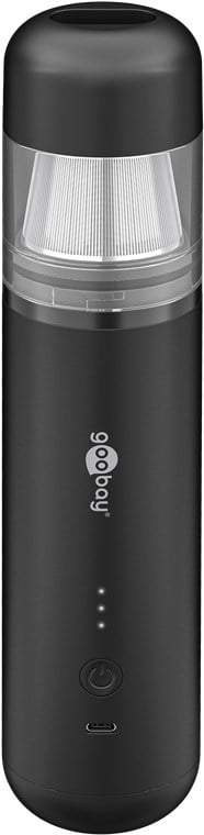 Goobay ministøvsuger 120W sort, cylindrisk med gennemsigtig støvholder, LED-indikator, powerknap og USB-port.