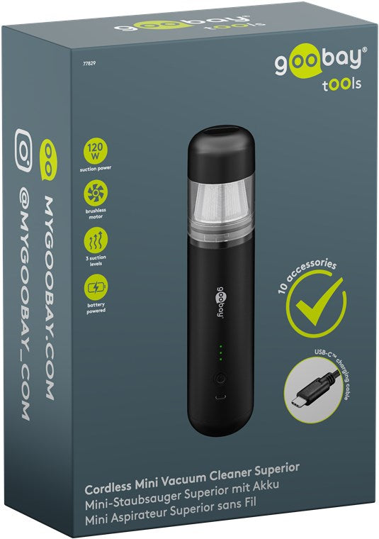 Goobay Ministøvsuger 120W sort, 10 tilbehør, USB-C opladning, æske med flersprogede produktdetaljer.