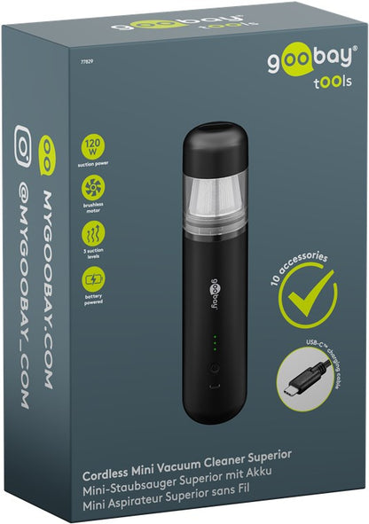 Goobay Ministøvsuger 120W sort, 10 tilbehør, USB-C opladning, æske med flersprogede produktdetaljer.