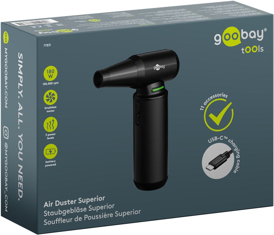 Goobay Håndblæser Superior 180W sort med USB-C kabel, 180.000 RPM, børsteløs motor og 11 dele til elektronik rengøring.