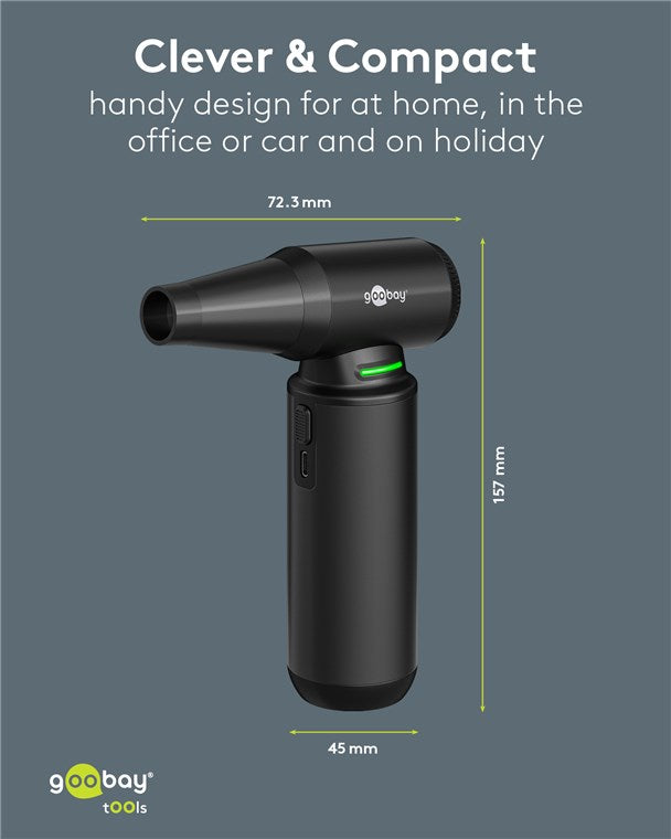 Goobay Håndblæser Superior 180W sort, 157 mm høj, mundstykke 72,3 mm, base 45 mm, til elektronik rengøring.