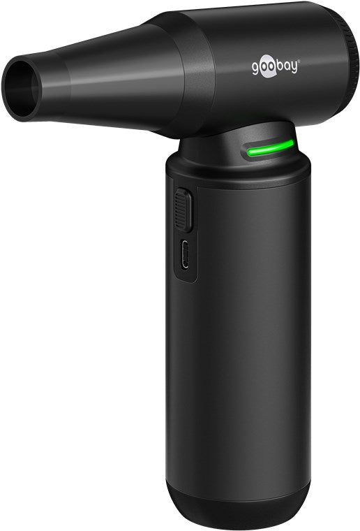 Goobay Håndblæser Superior 180W sort med smal dyse, grøn LED, lille knap og USB-ladeport på siden.