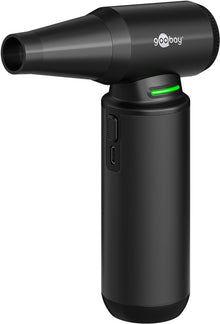 Goobay Håndblæser Superior 180W sort med smal dyse, grøn LED, lille knap og USB-ladeport på siden.