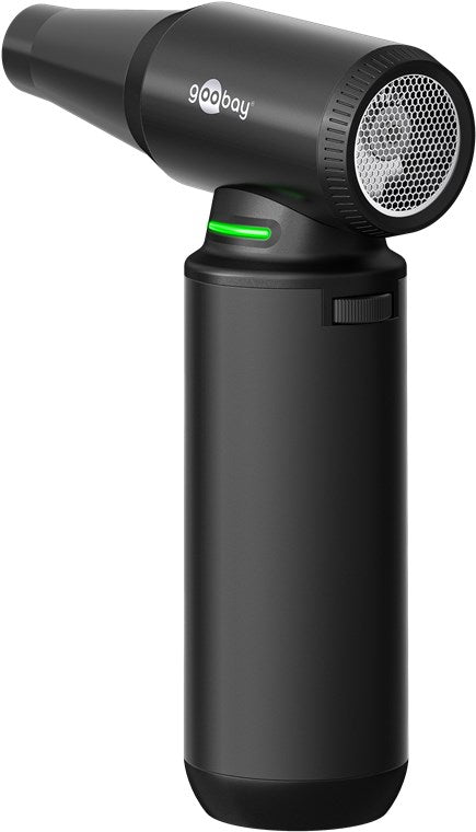 Goobay Håndblæser Superior 180W sort, cylindrisk design, netdyse, grøn indikatorlys, Goobay-logo ved dysen.