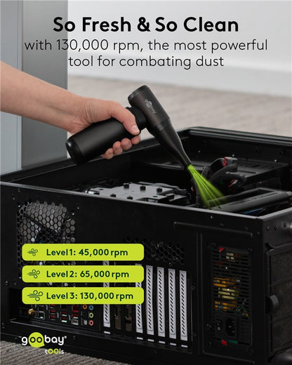 Goobay Håndblæser Superior 180W sort med 130.000 rpm motor, tre hastigheder og synligt Goobay-logo ved computer-rengøring.