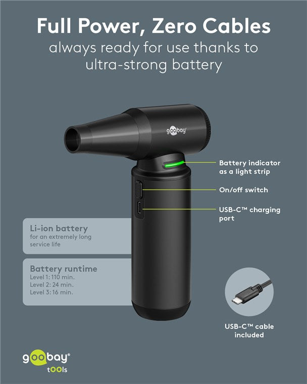 Goobay Håndblæser Superior 180W sort med batteriindikator, on/off-knap, USB-C opladning, Li-ion-batteri.