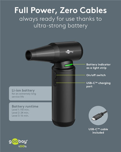 Goobay Håndblæser Superior 180W sort med batteriindikator, on/off-knap, USB-C opladning, Li-ion-batteri.
