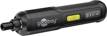 Goobay Mini trådløs skruetrækker 28 dele sort, gul frem/tilbage-knap, justerbar powerindikator på siden, set fra siden.