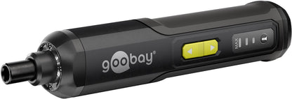 Goobay Mini trådløs skruetrækker 28 dele sort, gul frem/tilbage-knap, justerbar powerindikator på siden, set fra siden.