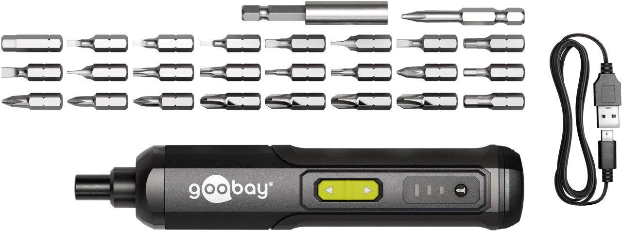 Goobay Mini trådløs skruetrækker 28 dele med genopladelig funktion, minibits, magnetisk bitholder og USB-kabel.