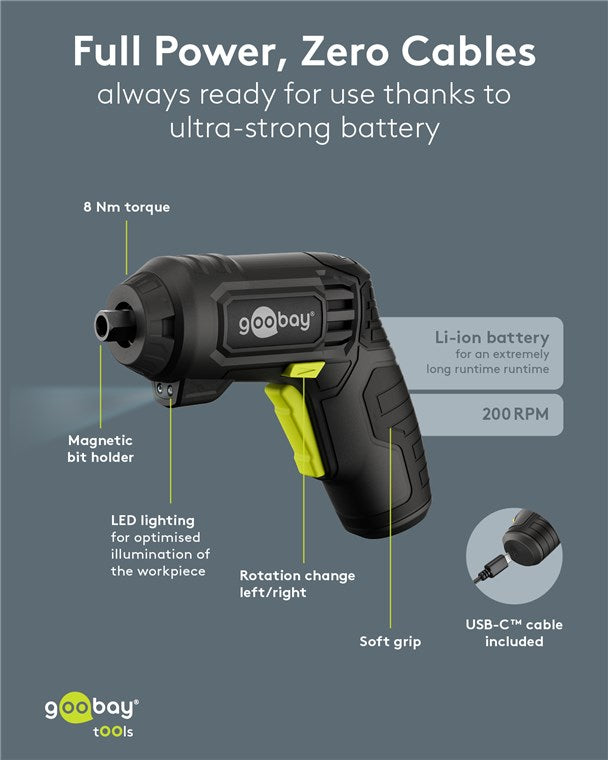 Goobay 4-i-1 mini batteridrevet skruetrækkersæt 35 dele sort/grå 8 Nm magnetisk bitholder LED soft grip Li-ion USB-C.