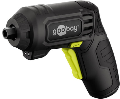 Goobay 4-i-1 mini batteridrevet skruetrækkersæt 35 dele, sort/grøn, ergonomisk greb og trigger.