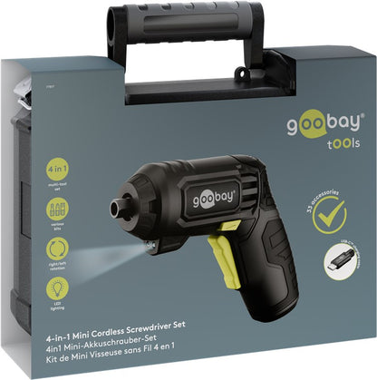 Goobay 4-i-1 mini-batteridrevet skruetrækkersæt 35 dele i grå æske med sort håndtag, LED-lys vises på emballagen.