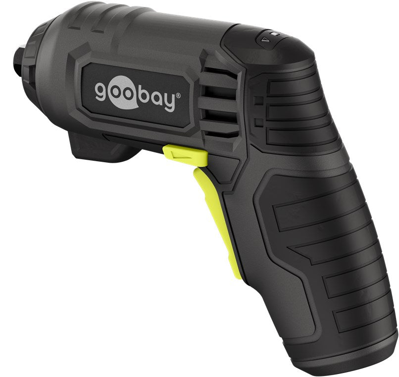 Goobay 4-i-1 mini batteridrevet skruetrækker 35 dele sort/grå, gul aftrækker, tekstureret greb, Goobay-logo.
