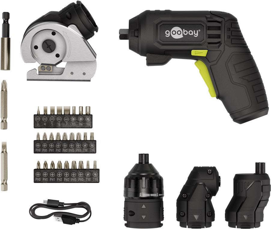 Goobay 4-i-1 mini-batteriskruetrækker 35 dele, sort/gult håndtag, borebits, tilbehør, skæreværktøj, USB-oplader.