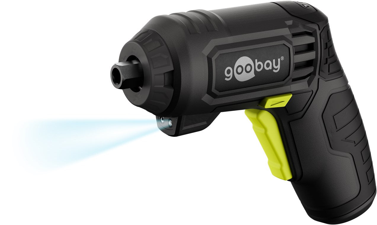Goobay 4-i-1 mini batteridrevet skruetrækkersæt 35 dele sort/gul med frontmonteret lommelygte.
