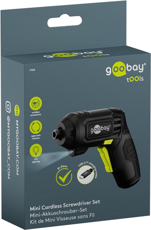 Goobay Mini batteridrevet skruetrækker 31 dele, mørkegrå æske, sort/gul værktøj, USB-C opladning, LED, præcisionsbits.