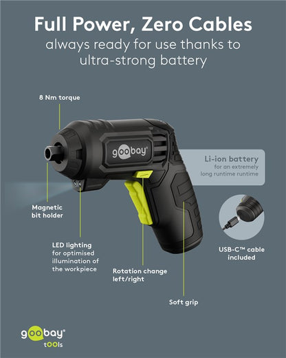 Goobay mini batteridrevet skruetrækkersæt 31 dele, 8 Nm, magnetisk bitholder, LED-lys, Li-ion, USB-C opladning.