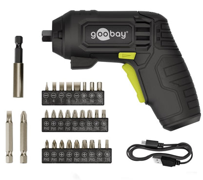 Goobay Mini batteridrevet skruetrækkersæt 31 dele med præcisionsbits, to adaptere, USB-ladekabel og sort/gul skruetrækker.