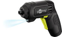 Goobay Mini batteridrevet skruetrækkersæt 31 dele, sort/grå med gul aftrækker og blå LED-lys foran.