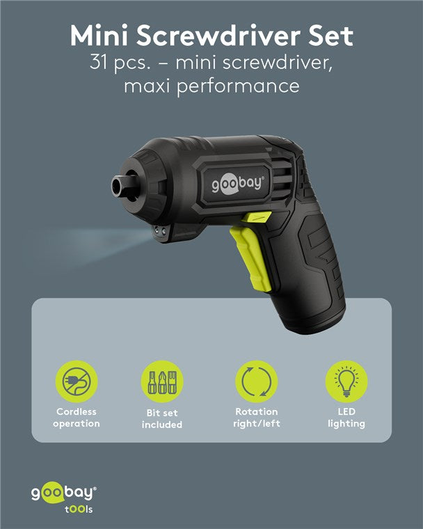 Goobay Mini batteridrevet skruetrækkersæt 31 dele sort/gul med LED lys, højre/venstre rotation, præcisionsbits.