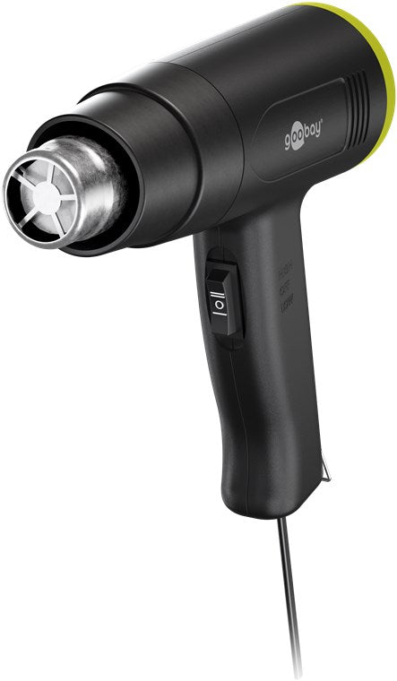 Goobay varmluftpistol 1500W sort med sølvdyse, aftrækkerhåndtag, tænd/sluk-knap og ledning.