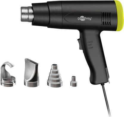 Goobay varmluftpistol 1500W sort/gul med ledning, fire metaldyser inkluderet.