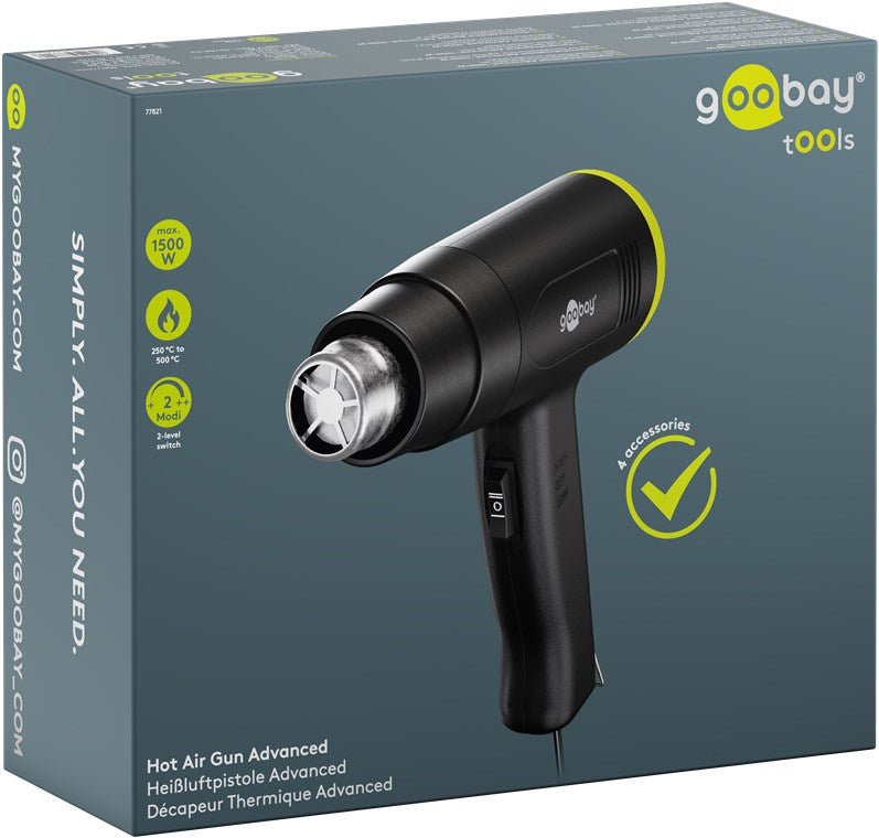Goobay Varmluftpistol 1500 W sort med gule detaljer, to varmeindstillinger og tilbehør til aflakering og plastformning.