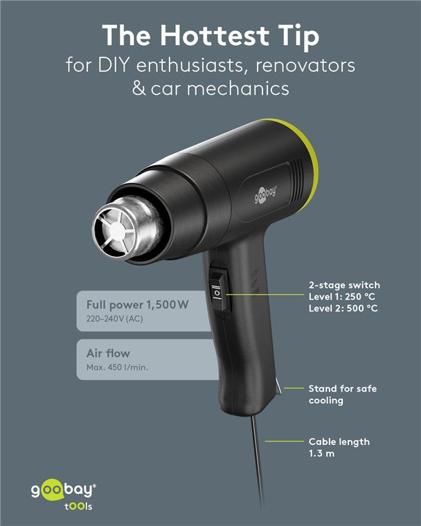 Goobay varmluftpistol 1500W sort, 450 l/min luftstrøm, justerbar varme, to-trins kontakt, synlige labels.