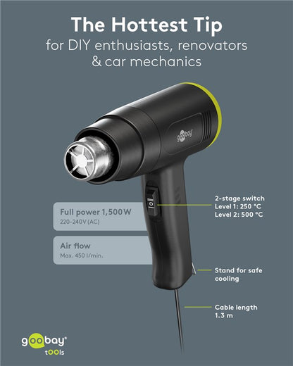 Goobay varmluftpistol 1500W sort, 450 l/min luftstrøm, justerbar varme, to-trins kontakt, synlige labels.