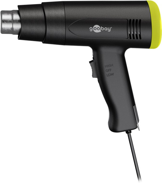 Varmluftpistol 1500W sort med gul bagende, metal-dyse, aftrækkerhåndtag, ledning og HIGH/OFF/LOW-kontakt.