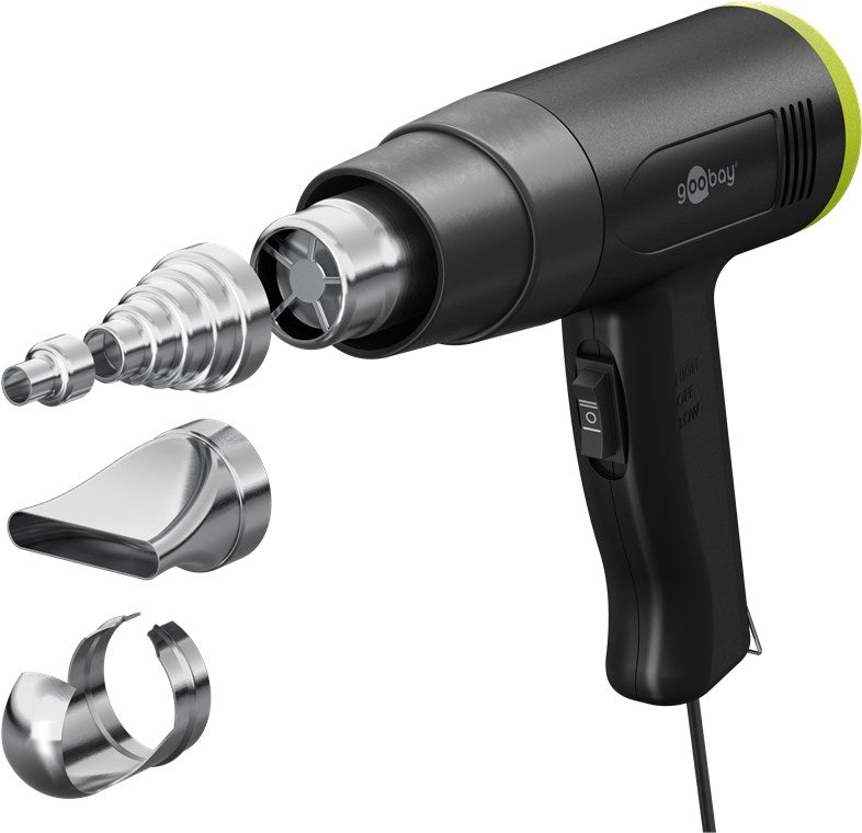 Varmluftpistol 1500 W sort med sideswitch og tre metalmundstykker i forskellige former til aflakering eller plastformning.