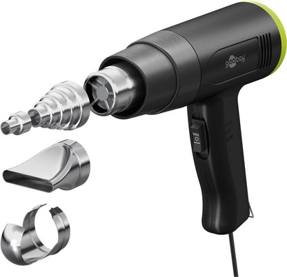 Varmluftpistol 1500 W sort med sideswitch og tre metalmundstykker i forskellige former til aflakering eller plastformning.