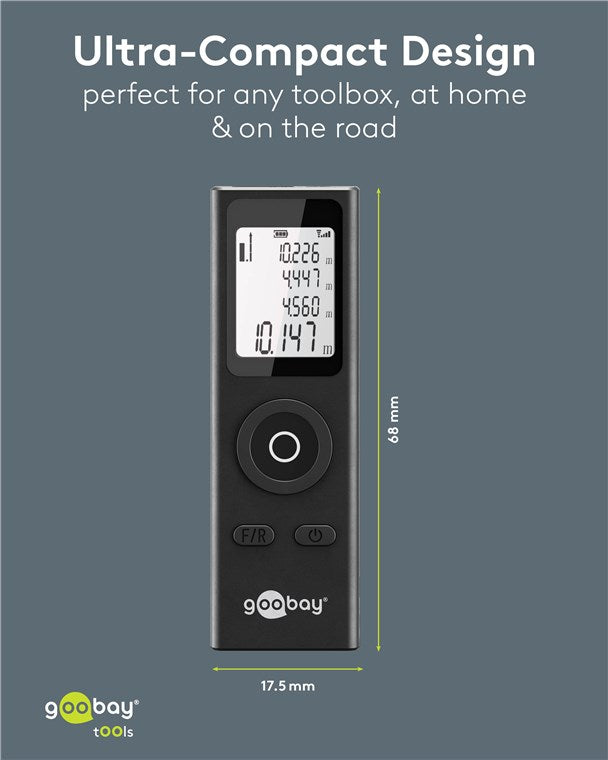 Goobay laserafstandsmåler med numerisk display, sort, mål 68 mm x 17,5 mm.