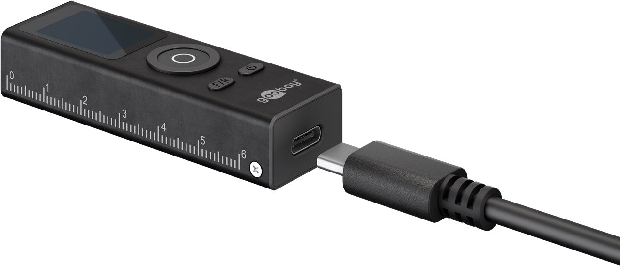 Goobay sort laser afstandsmåler 40m med lineal, kontrolknapper, display og USB-C opladning, Goobay-logo ved USB-port.