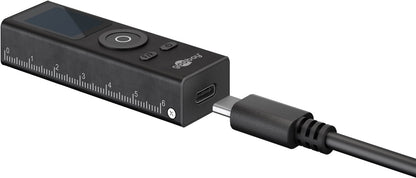 Goobay sort laser afstandsmåler 40m med lineal, kontrolknapper, display og USB-C opladning, Goobay-logo ved USB-port.