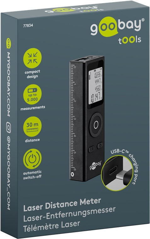 Goobay laser afstandsmåler 30m, USB-C opladning, autosluk, kompakt design, info på engelsk/tysk/fransk æske.