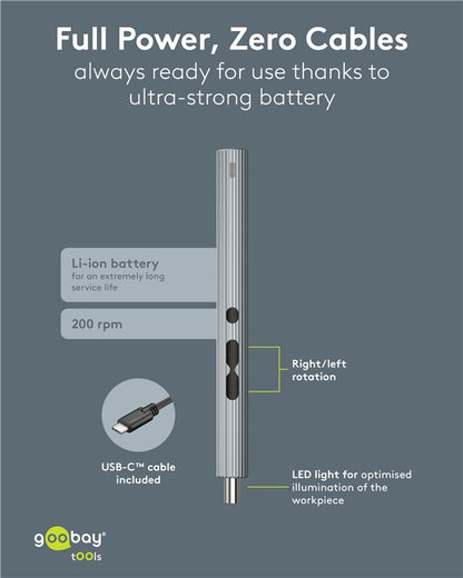 Goobay 58-i-1 elektrisk skruetrækker bitsæt grå penform Li-ion batteri 200 rpm USB-C opladning venstre/højre LED-lys.
