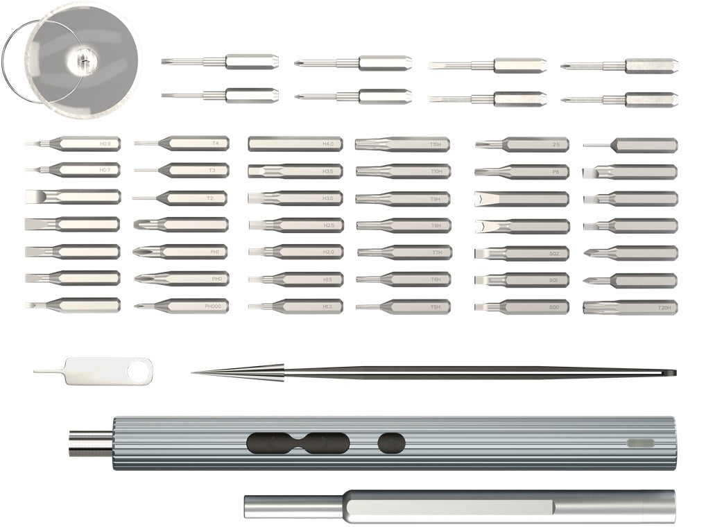 Goobay 58-i-1 elektrisk skruetrækker med bitsæt, metalbits, magnetisk base, håndtag, pincet, sugekop og SIM-ejektor.