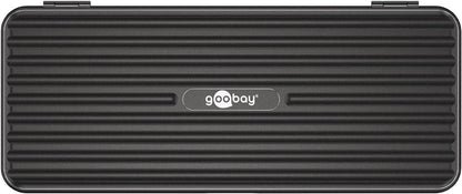 Goobay sorterer ribbet plastetui med afrundede hjørner og centralt Goobay-logo til 58-i-1 elektrisk skruetrækker med bitsæt.